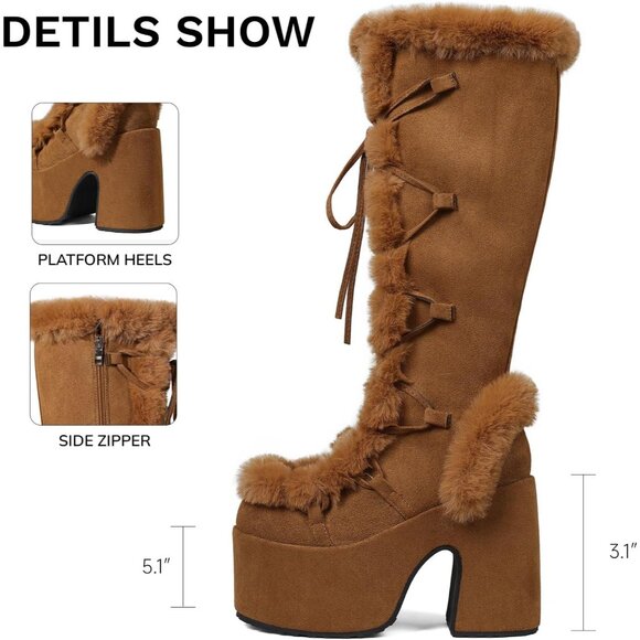 ⚡Women Chestnut02 Synthetic Mid Calf Lace Up Chunky High Heel Warm Fur Snow Boot - Picture 2 of 6